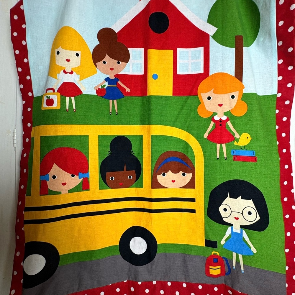 Colorful School House and School Bus Themed Apron with Polka Dot Background - Picture 2 of 10